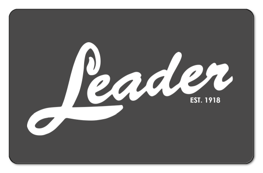 leader white text logo on a grey background